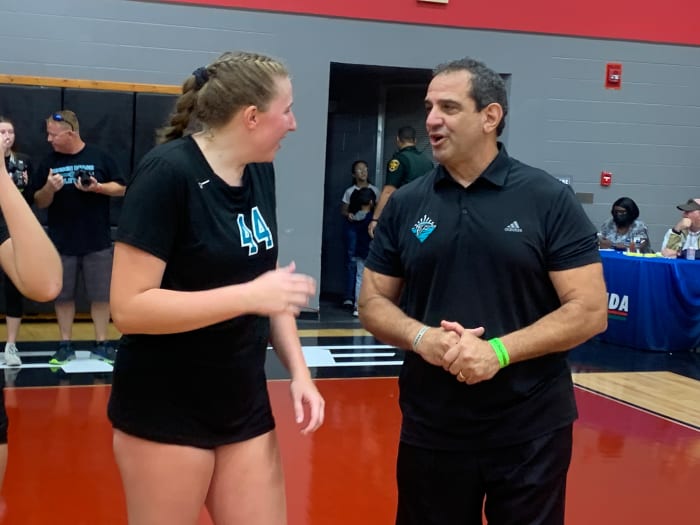 Jensen Beach senior middle hitter Lindsay Walch and coach Mike Sawtelle share a few thoughts after their Clasa 5A state volleyball title.